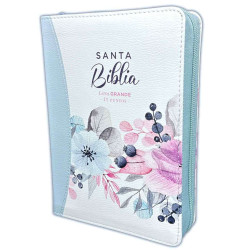 Biblia  Letra Grande Rvr60 045cz Cp Lg Pjr  Con Cierre. Tapa  Simil Piel. Celeste Y Blanca Con Flores